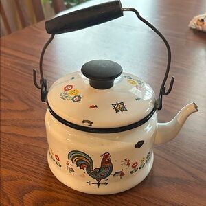 Vintage White Enamel Teapot with Rooster Design